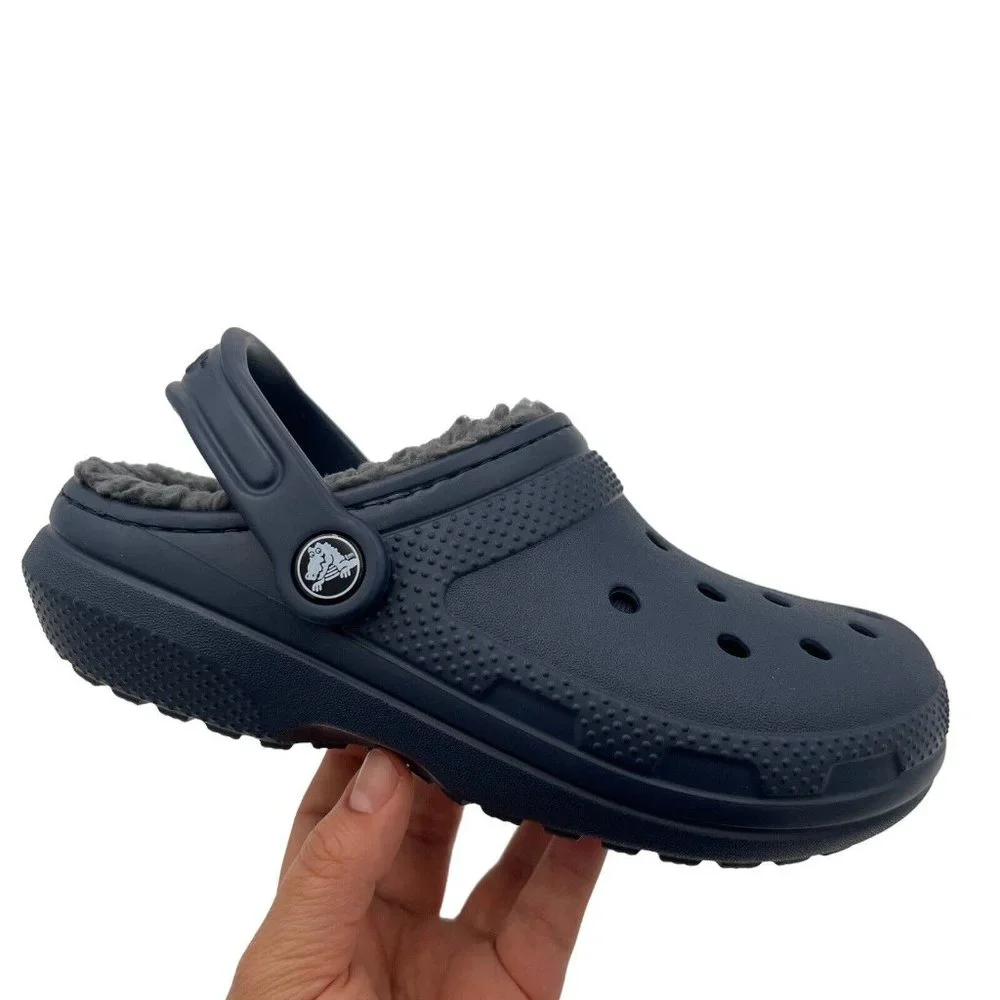 Crocs Boys Lined Clogs Size 2 (J2) Navy Blue Lightweight Cozy Comfy Slip on Shoe